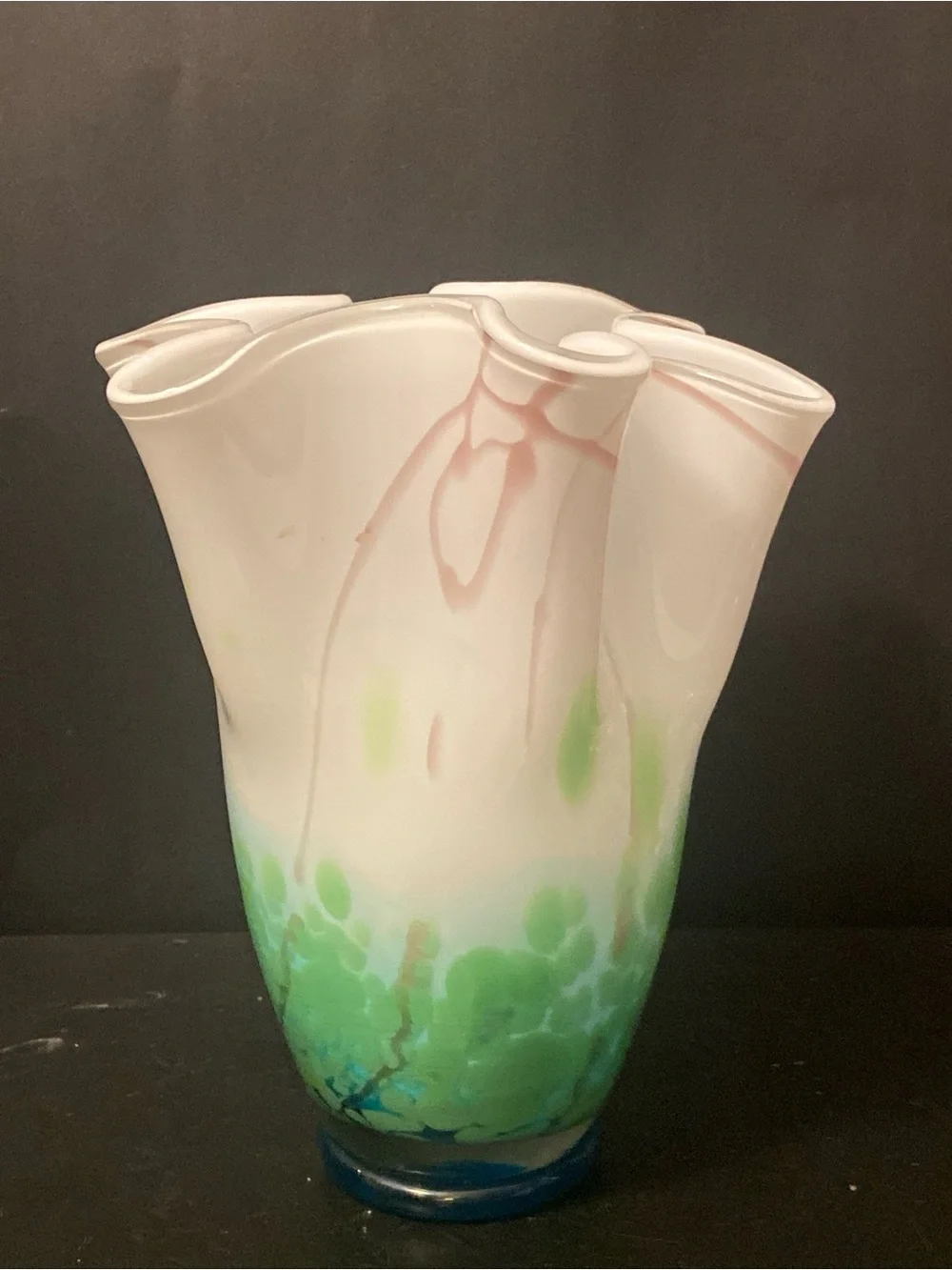 Handblown Art Glass Handkerchief 10”Green,Teal,grey Large Vase